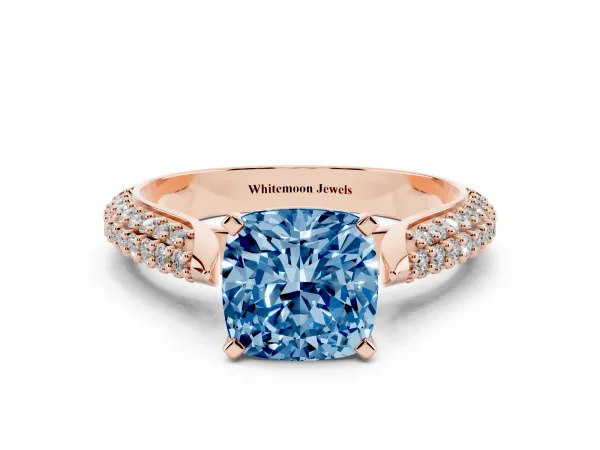 Fancy Blue Cushion Cut Diamond Solitaire Engagement Ring with Multi-Row Round Pavé Band and Prong Setting Rose gold