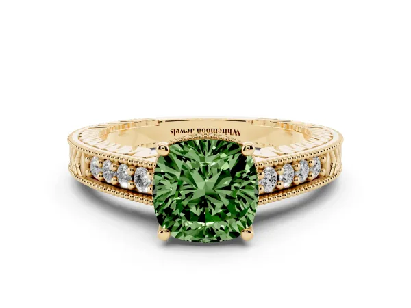 Fancy Green Cushion Cut Solitaire Pavé Diamond Milgrain Engagement Ring with Four-Prong Setting Yellow gold