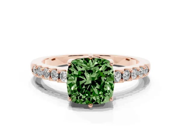 Fancy Green Cushion Cut Solitaire Diamond Engagement Ring with Pavé Band and Six-Prong Setting Rose gold