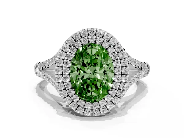 Fancy Green Oval Cut Cut Double Halo Split Shank Diamond Ring with Prong Setting Platinum