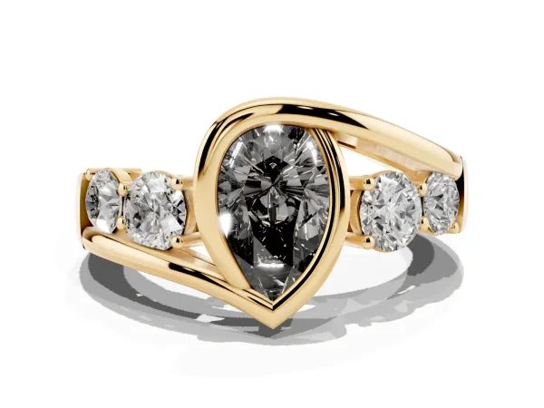 Fancy Black Bezel Set Pear Cut Diamond Bypass Ring with Round Accents Yellow gold