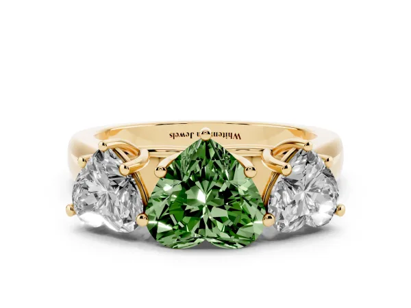 Fancy Green Heart Cut Three-Stone Diamond Ring with Prong Setting on a Classic Band Yellow gold