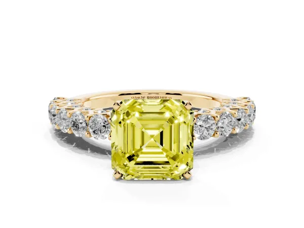 Fancy Yellow Asscher Cut Diamond Solitaire Ring with Shared Prong Pavé Band and Four-Prong Setting Yellow gold