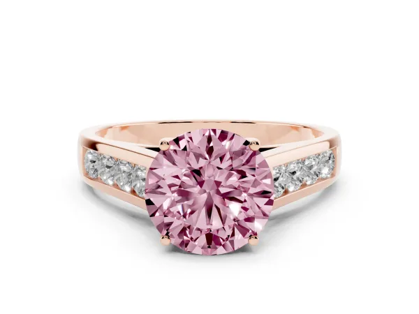 Fancy Pink Round Cut Solitaire Channel-Set Diamond Engagement Ring with Four-Prong Setting Rose gold