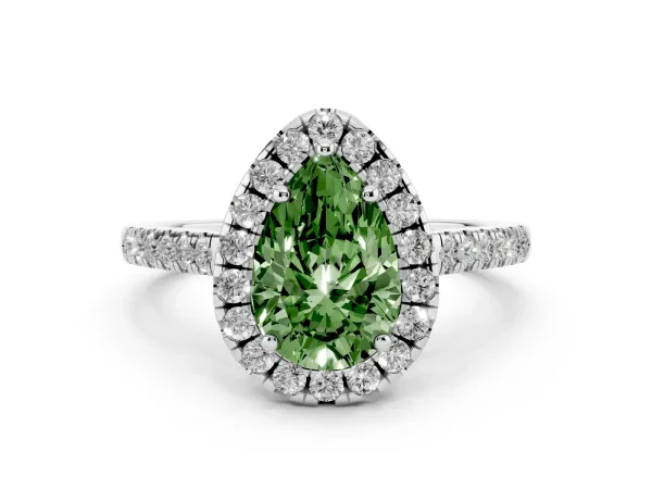 Fancy Green Pear Cut Halo Pavé Diamond Engagement Ring with Four-Prong Setting Platinum