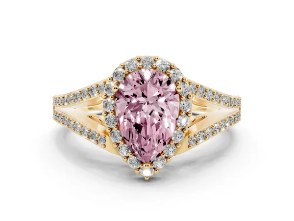 Fancy Pink Pear Cut Halo Split Shank Diamond Ring with Prong Setting Yellow gold