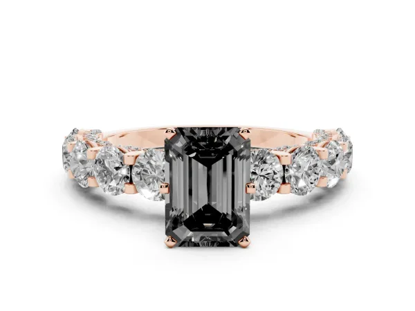 Fancy Black Emerald Cut Diamond Side Stone Engagement Ring with Four-Prong Setting Rose gold