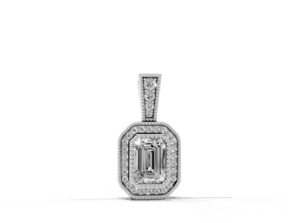 Emerald Cut Halo Diamond Pendant with Pavé Setting Silver