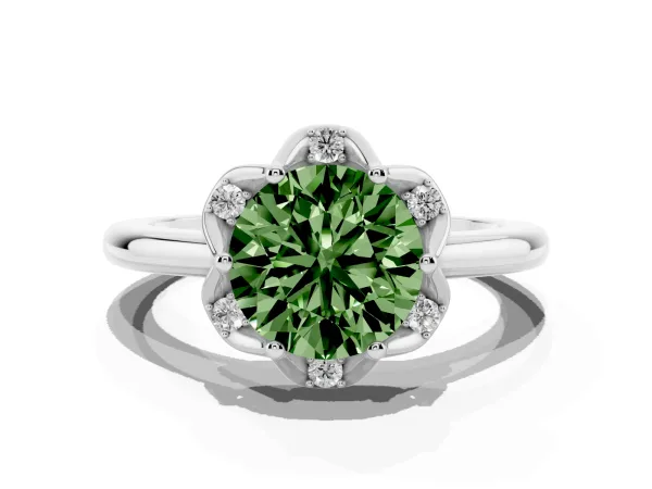 Fancy Green Round Cut Halo Diamond Ring with Round Cluster Setting, Solitaire Band, and Four-Prong Setting Platinum