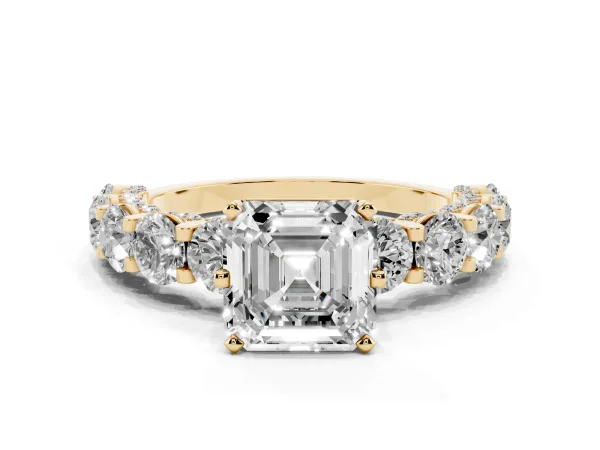 Asscher Cut Diamond Side Stone Engagement Ring with Four-Prong Setting Yellow gold