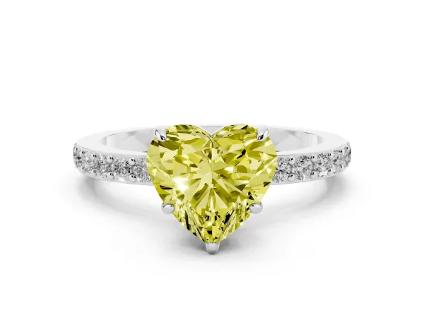 Fancy Yellow Heart Cut Diamond Pavé Engagement Ring with Round Accents and Prong Setting White gold