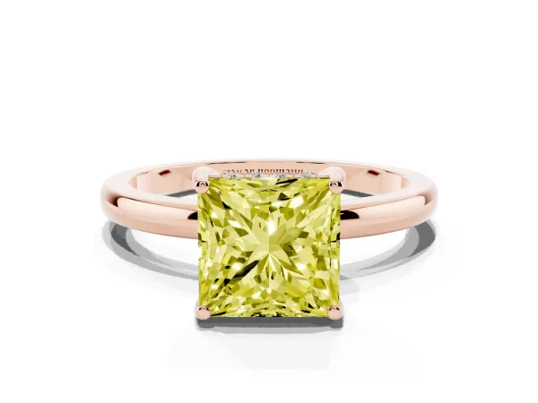 Fancy Yellow Princess Cut Solitaire Diamond Ring with Prong Setting and Plain Band Rose gold