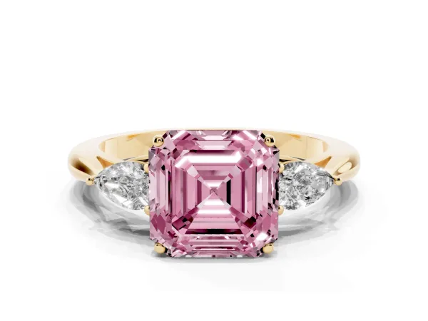 Fancy Pink Three-Stone Asscher Cut Brilliant Diamond Solitaire Ring with Tapered Band and Four-Prong Setting Yellow gold