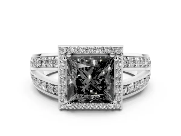 Fancy Black Princess Cut Diamond Halo Ring with Split Shank Pavé Band and Four-Prong Setting Platinum