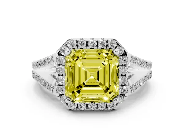 Fancy Yellow Asscher Cut Halo Split Shank Diamond Ring with Prong Setting Platinum