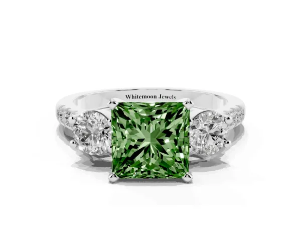Fancy Green Three-Stone Princess Cut Diamond Pavé Band with Four-Prong Setting White gold