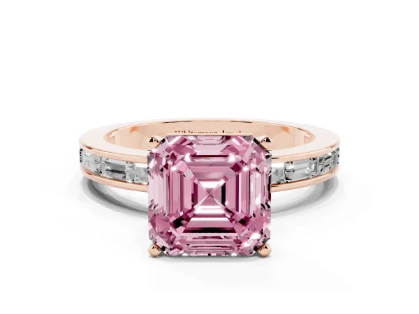 Fancy Pink Asscher Cut Solitaire Diamond Ring with Channel-Set Baguette Band and Four-Prong Setting Rose gold