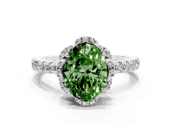 Fancy Green Oval Cut Diamond Halo Pave Band with Four-Prong Setting White gold
