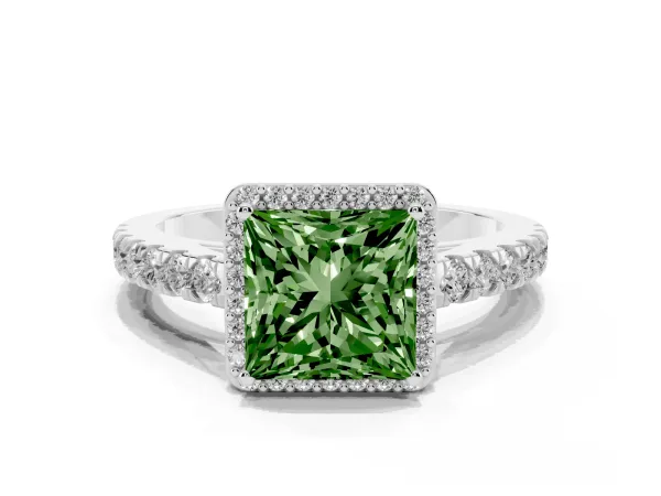 Fancy Green Princess Cut Cut Halo Diamond Engagement Ring with Pave Band and Four-Prong Setting Platinum