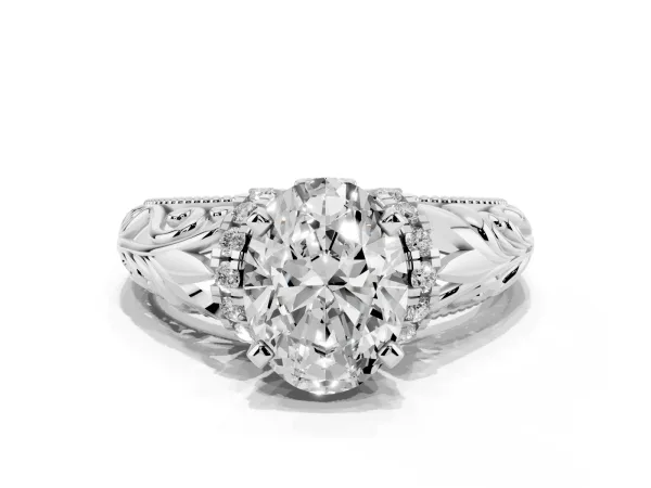Oval Cut Solitaire Filigree Engagement Ring with Halo and Prong Setting White gold