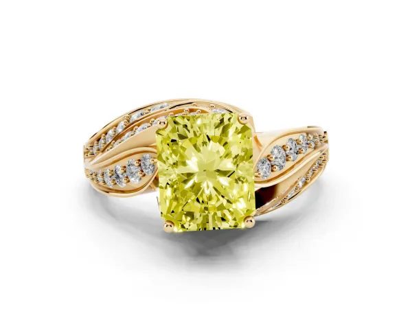Fancy Yellow Radiant Cut Diamond Solitaire Ring with Prong Setting and Twisted Pavé Band Yellow gold