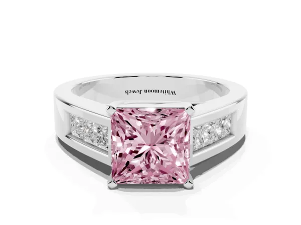 Fancy Pink Princess Cut Cut Channel Set Solitaire Ring with Four-Prong Setting Platinum