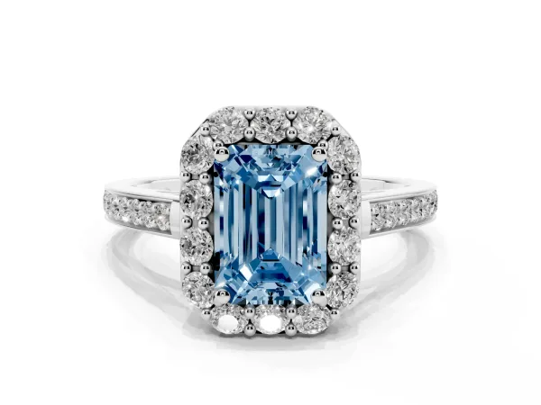 Fancy Blue Emerald Cut Diamond Floral Halo Ring with Pavé Band and Prong Setting White gold