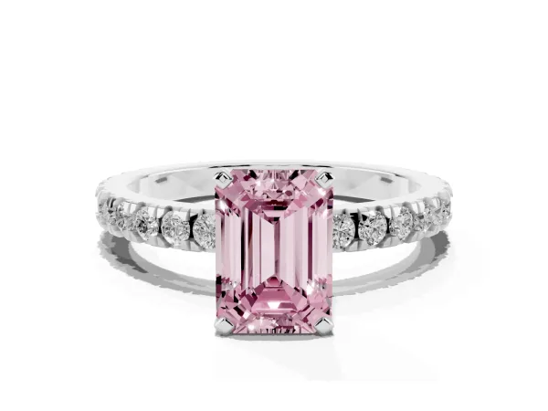 Fancy Pink Emerald Cut Diamond Pavé Band Solitaire with Four-Prong Setting Platinum