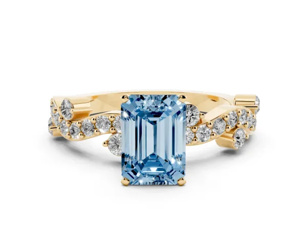 Fancy Blue Emerald Cut Cut Solitaire Diamond Twisted Band with Pave Setting Yellow gold