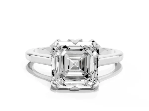 Asscher Cut Diamond Solitaire Ring with Flower Prong Setting and Classic Band White gold