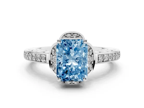 Fancy Blue Radiant Cut Cut Halo Diamond Ring with Channel Set Band and Four-Prong Setting Platinum