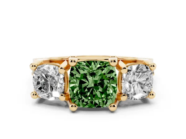 Fancy Green Cushion Cut Diamond Three-Stone Ring with Channel Set Band and Four-Prong Setting Yellow gold