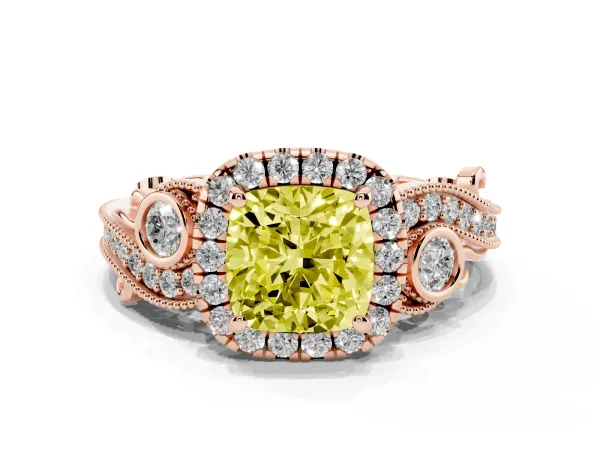 Fancy Yellow Cushion Cut Halo Diamond Ring with Milgrain and Bezel Accents on a Split Shank Band Rose gold
