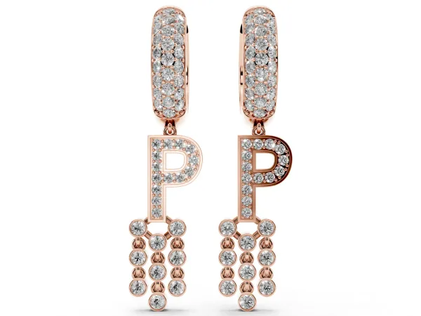 Round Diamond Initial P Huggie Hoop Earrings Rose gold