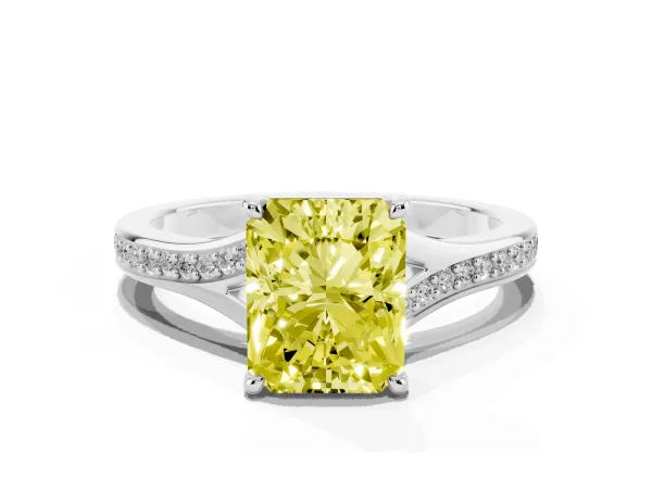 Fancy Yellow Radiant Cut Diamond Solitaire Ring with Pavé Band and Prong Setting Platinum