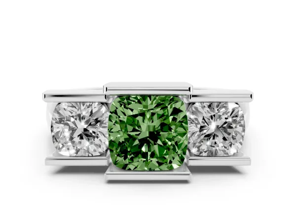 Fancy Green Three Stone Cushion Cut Cut Channel Set Diamond Ring Platinum