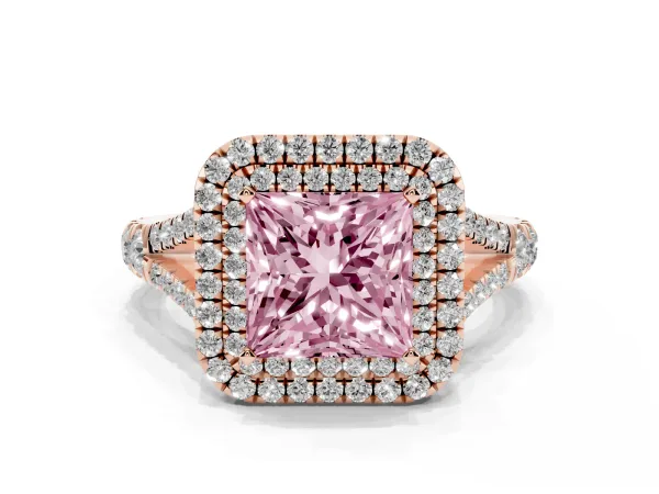 Fancy Pink Double Halo Princess Cut Diamond Split Shank Engagement Ring with Four-Prong Setting Rose gold