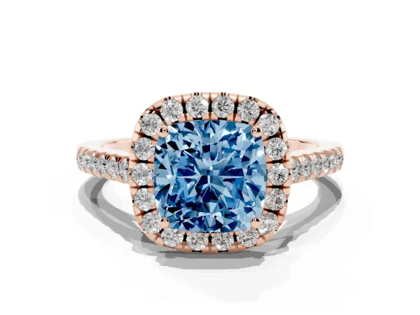 Fancy Blue Cushion Cut Halo Pavé Diamond Engagement Ring with Four-Prong Setting Rose gold