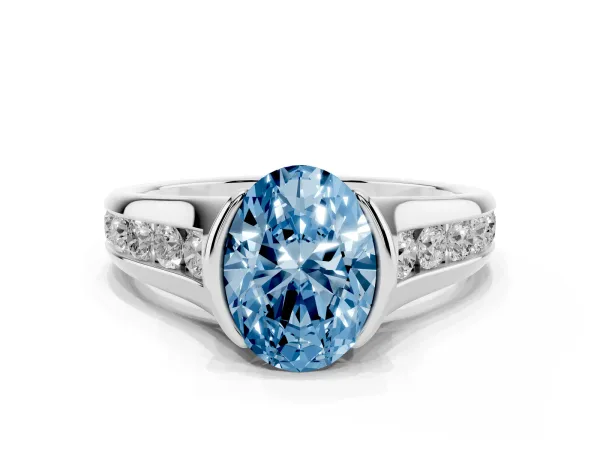 Fancy Blue Oval Cut Solitaire Bezel-Set Diamond Ring with Channel-Set Band White gold