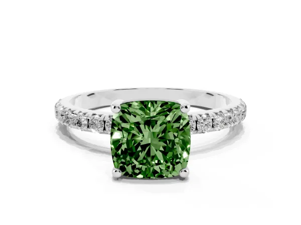 Fancy Green Cushion Cut Cut Diamond Solitaire Ring with Micro Pave Band and Four Prong Setting White gold