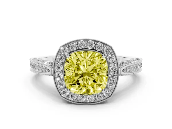 Fancy Yellow Cushion Cut Halo Diamond Engagement Ring with Split Shank Band and Four-Prong Setting Platinum