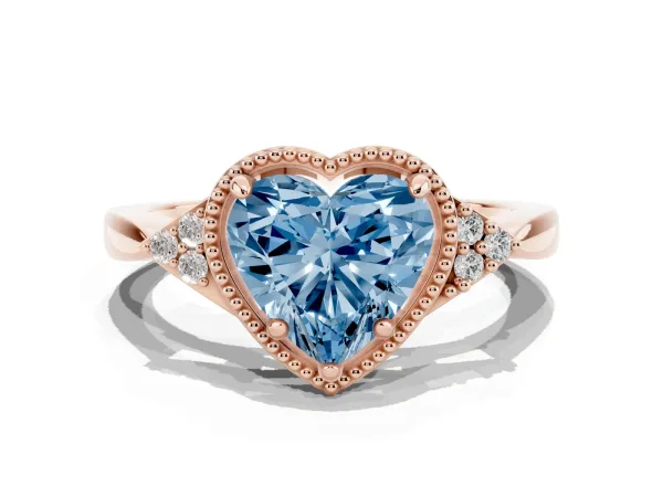 Fancy Blue Milgrain Heart Cut Cut Diamond Ring with Tapered Pave Band and Four Prong Setting Rose gold