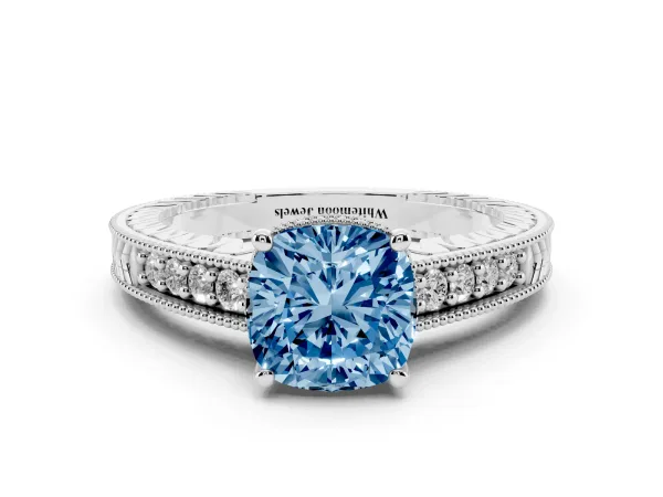 Fancy Blue Cushion Cut Solitaire Pavé Diamond Milgrain Engagement Ring with Four-Prong Setting White gold