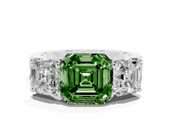Fancy Green Asscher Cut Three-Stone Diamond Ring with Prong Setting on a Classic Band White gold