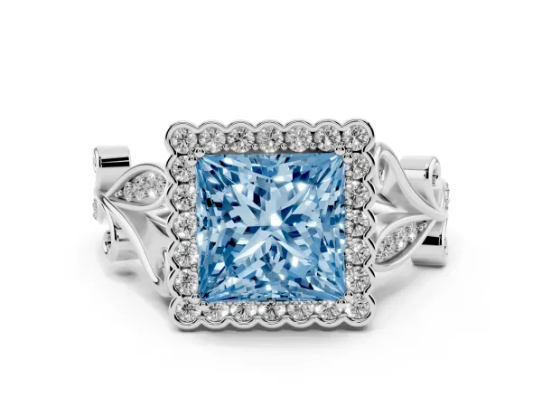 Fancy Blue Princess Cut Diamond Halo Ring with Vintage Split Shank and Four-Prong Setting White gold