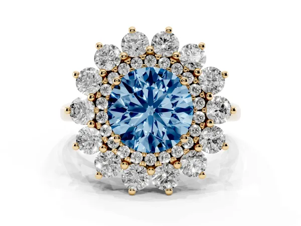 Fancy Blue Round Cut Diamond Floral Double Halo Engagement Ring with Prong Setting Yellow gold