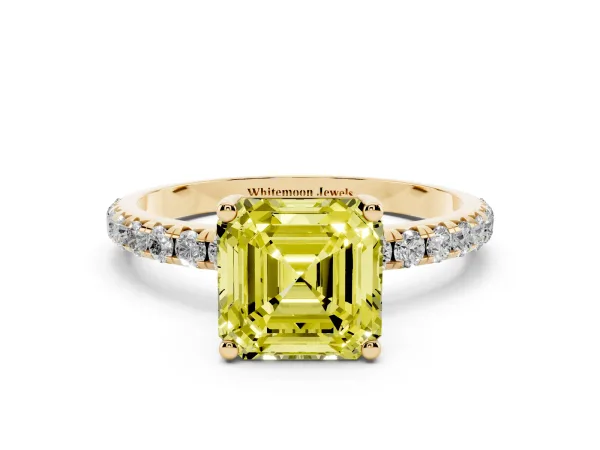 Fancy Yellow Asscher Cut Cut Diamond Solitaire Ring with Micro Pave Band and Four Prong Setting Yellow gold