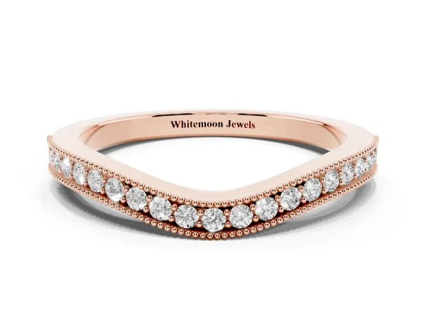 Pavé Round Diamond Curved Band with Milgrain Edge Rose gold