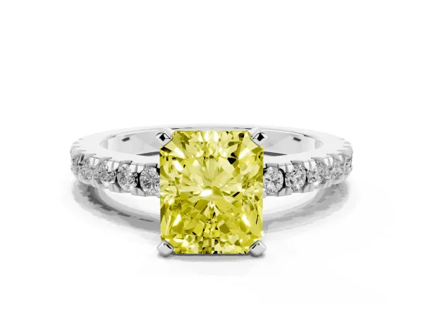 Fancy Yellow Radiant Cut Solitaire Diamond with Pavé Band and Four-Prong Setting Platinum