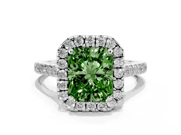 Fancy Green Radiant Cut Diamond Cushion Halo Ring with Pavé Band Platinum